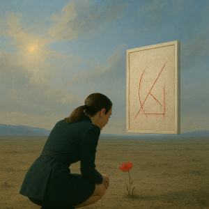DVINA kneeling before red flower in barren landscape – white frame with bleeding red lines – DIVINE DEVICE